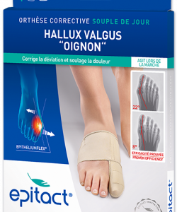 UNE ORTHÈSE QUI VISE A CORRIGER LA DÉFORMATION LORS DE LA MARCHE. Vous souhaitez limiter l’évolution de l’hallux valgus et soulager les douleurs articulaires et conflictuelles avec la chaussure ? L’orthèse souple EPITACT® agit sur les facteurs aggravant la déformation, contrairement aux orthèses rigides. L'EPITHELIUM FLEX®, technologie brevetée, offre une orthèse souple et ultra fine pour s'adapter à toutes les chaussures. L'orthèse corrective hallux valgus EPITACT® a été développée pour remplir 3 objectifs : Le bracelet de contention de l'orthèse de correction EPITACT® associé à une pastille de silicone EPITHELIUM™ a pour objectif de repousser le premier métatarsien et de limiter ainsi l'écrasement de l'avant-pied ; Le tendon externe en silicone EPITHELIUM FLEX® a pour rôle de redresser l'orteil ; Enfin, le tendon externe en silicone a été conçu pour soulager les douleurs articulaires et d'absorber les pressions exercées sur l'oignon .