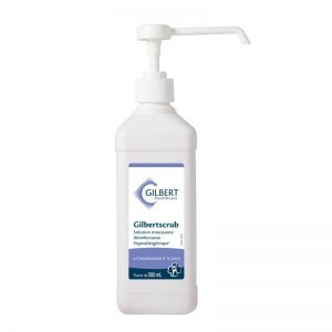 Solution moussante désinfectante GilbertScrub La solution moussante et désinfectante GilbertScrub est spécialement formulée pour le lavage antiseptique des mains du personnel soignant et des chirurgiens. Son utilisation est simple, il suffit de verser le produit dans les mains préalablement lavées. La quantité à verser dépend tout simplement de l'utilisation. Antibactérien EN 1040 et antifongique EN 1275. Sa formule hypoallergénique permet de minimiser les risques d'allergies. Disponible en flacon de 125 ml et flacon pompe de 500 ml. Produit biocide TP1*. Précautions d'emploi : *Dangereux, respectez les précautions d'emploi. Utilisez les biocides avec précaution. Avant toute utilisation, lisez l'étiquette et les informations concernant le produit.