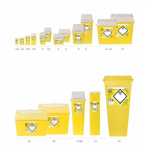 Récupérateur de déchets Sharpsafe Collecteur pour récupérer les Déchets liés aux Activités de Soins à Risques Infectieux (DASRI) : compresses, tampons, instruments et objets perforants ou tranchants, etc. Composé d'une cuve rigide jaune et d'un couvercle translucide déjà assemblés. Équipé d'une fermeture à 2 positions du volet extérieur : choix entre une fermeture provisoire ou définitive. Étanche, résistant aux chocs et aux perforations. Utilisable de façon mono manuelle.