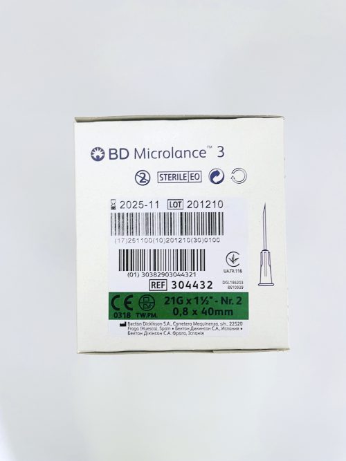 Aiguilles Microlance BD est une aiguille hypodermique, stérile, à usage unique. Elle est utilisée pour des procédures d'injection (ex : injection intradermique, sous-cutanée, intramusculaire et intraveineuse) et / ou pour l'aspiration des fluides médicaux. Dimensions : 21G - 0,80 x 40mm Couleur : Vert Boîte de 100