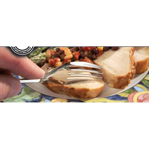 813041 Cette fourchette-couteau permet de trancher des aliments tendres. Sa conception en inox haute qualité et sa forme très ergonomique permettent de couper d'une seule main avec une position des doigts très confortable. Garantie lave-vaisselle.